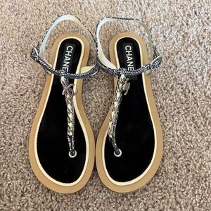 CHANEL Black and Beige Chain-Link T-Strap Slingback Sandals
